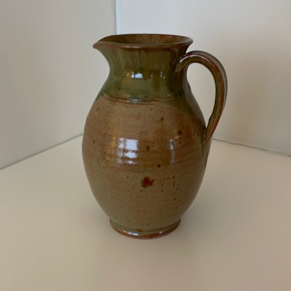 Sturbridge Village, handmade pitcher in browns and green with shiny glaze. Nice! - Picture 1 of 14